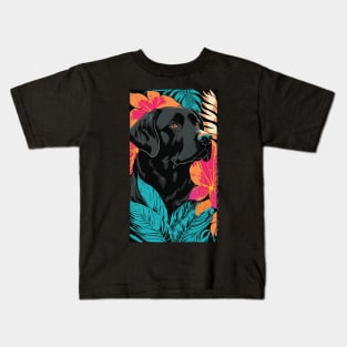 Black Labrador Retriever Dog Vibrant Tropical Flower Tall Retro Vintage Digital Pop Art Portrait 2 Kids T-Shirt